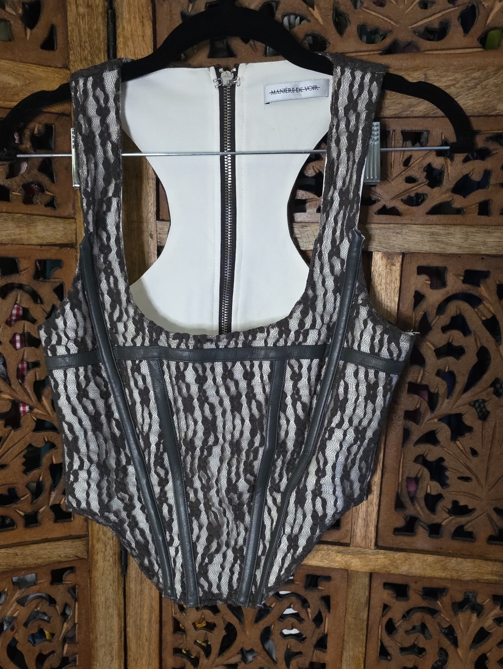 Maniere De Voir Brown & Cream Lace-Effect Corset Bodysuit
